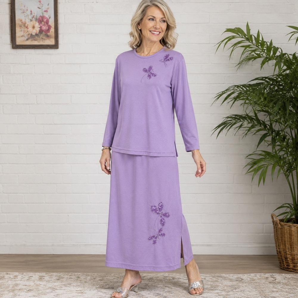 The Quacker Factory 2 Piece Skirt Set S Purple Sequin Dragonfly Embellished